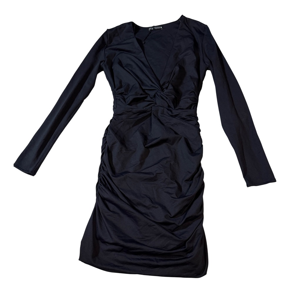 NWOT Zara Women Black Long Sleeve Bodycon Mini Dress V Neck Gathered Waist Small